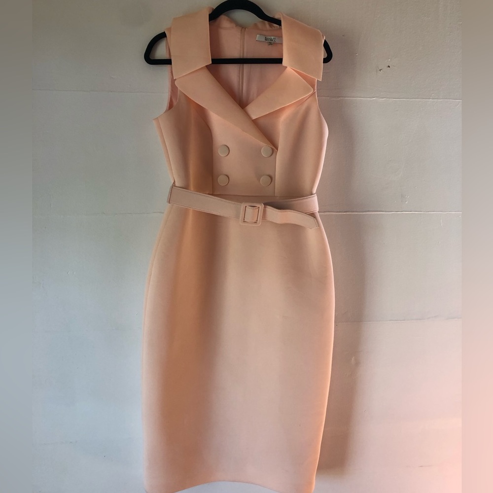 Bagdley Mischka, formal, scuba, peach, sheath, sleeveless, belted, trenc…